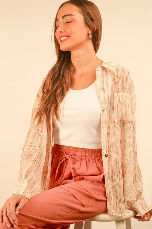 VERY J Plus Size Oversized Printed Button Up Shirt