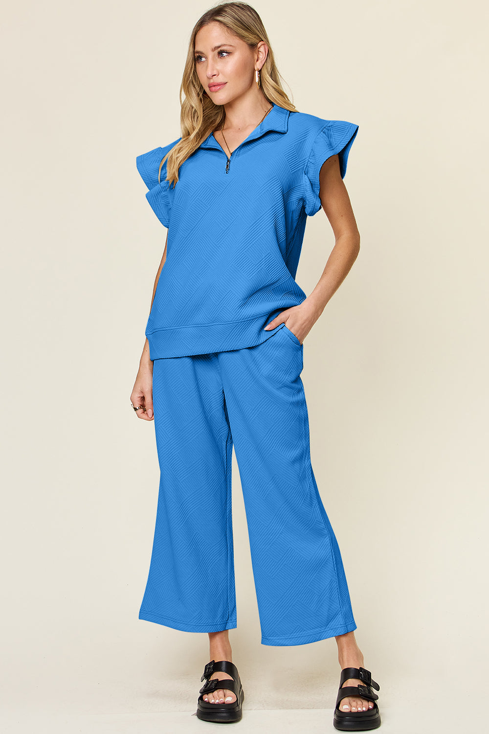 Double Take Texture Ruffle Short Sleeve Top and Drawstring Wide Leg Pants Set Cerulean