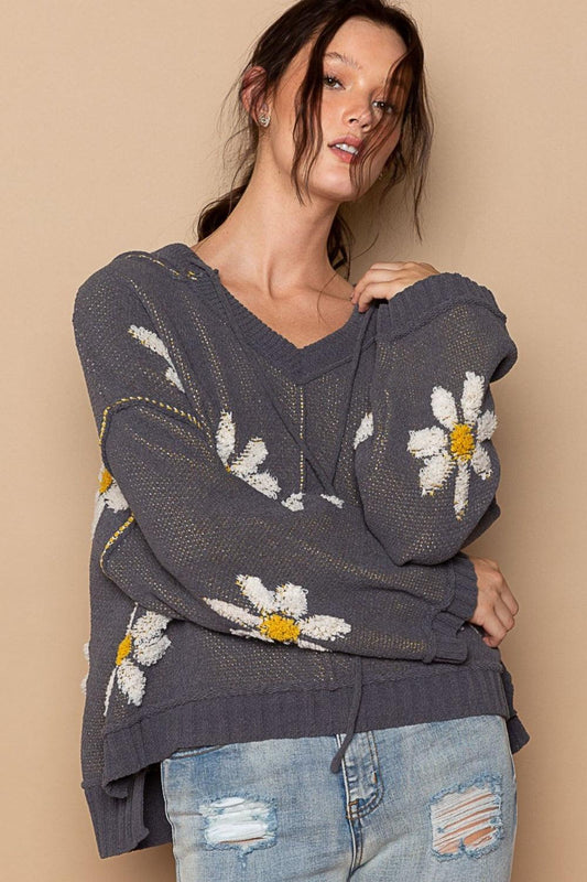 POL Floral Pattern Hooded High-Low Sweater Charcoal