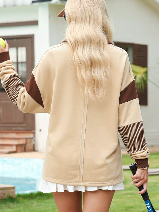 Color Block Striped Patchwork Sequin Rugby Graphic Polo Sweatshirt
