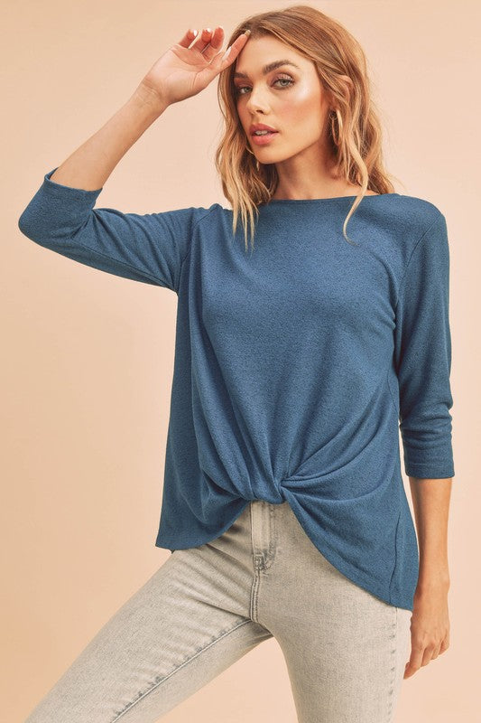 Aemi + Co Twist Front Round Neck 3/4 Sleeve T-Shirt Teal