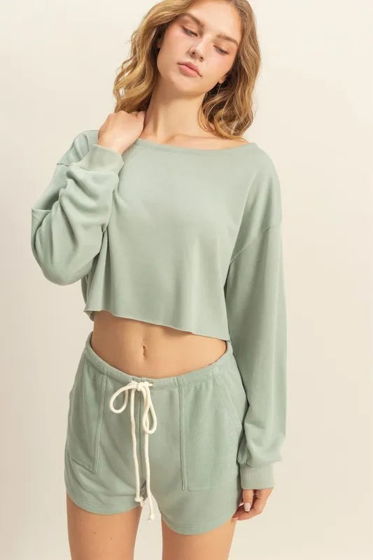 HYFVE Boat Neck Long Sleeve Cropped Top SAGE GREEN