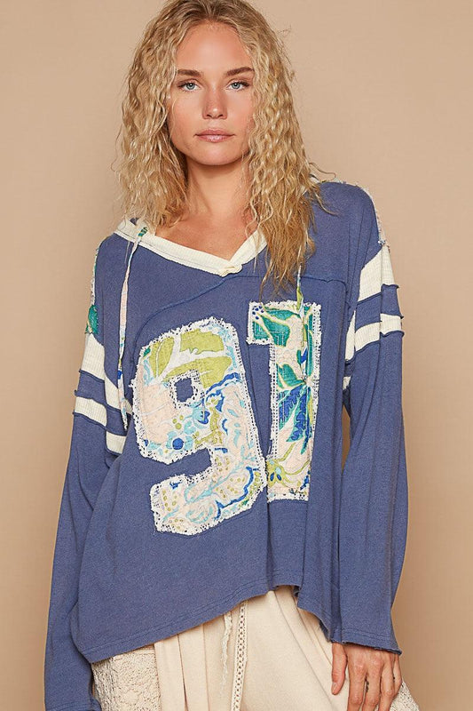 POL Exposed Seam Number Patch V-Neck Hooded Top Blueberry Multi