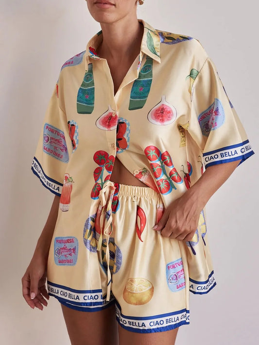 Printed Button Up Top and Shorts Set Pastel Yellow