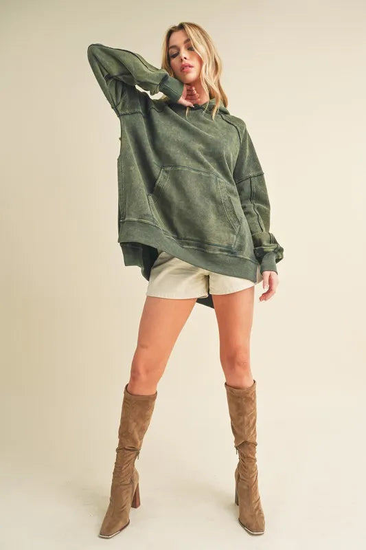 Aemi + Co Exposed Seam Side Slit Hoodie with Kangaroo Pocket