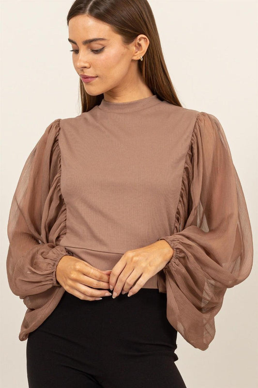 HYFVE Ruched Sheer Long Sleeve Mock Neck Blouse Mocha