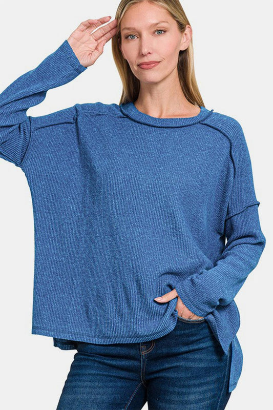 Zenana Full Size Exposed Seam Brushed Round Neck Sweater Navy