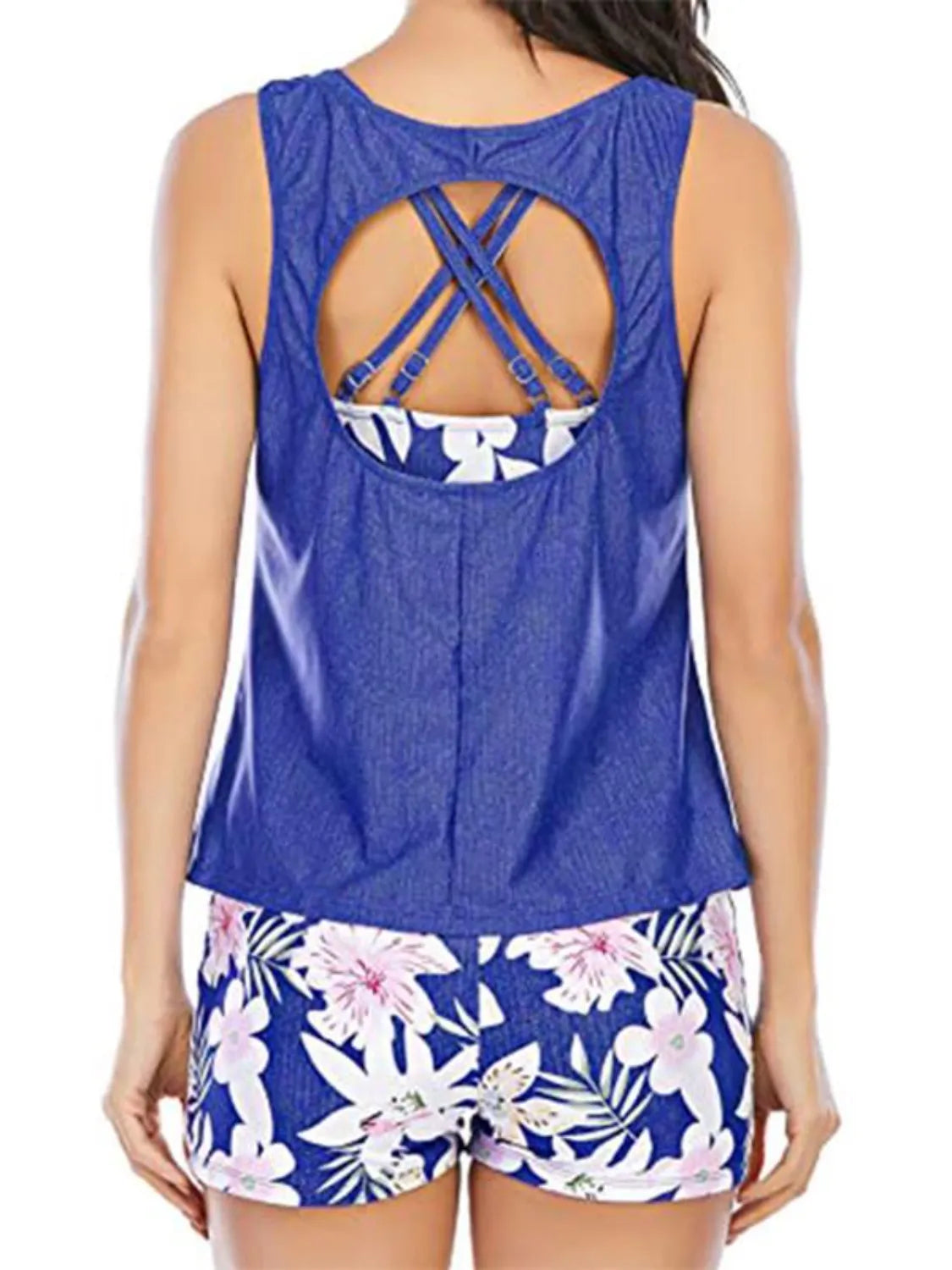 Cutout Printed Round Neck Three-Piece Swim Set Blue