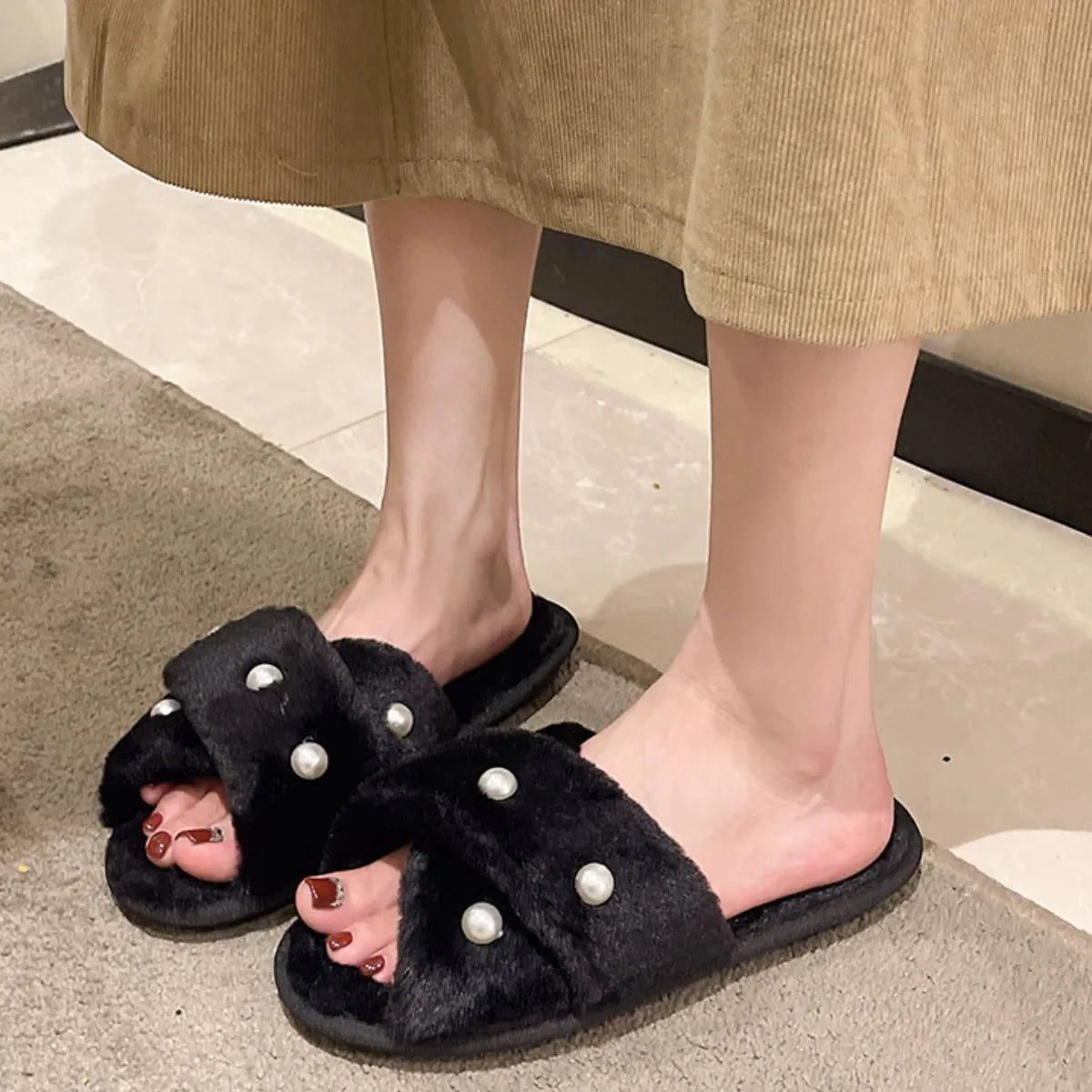 Open Toe Flats Slippers Black