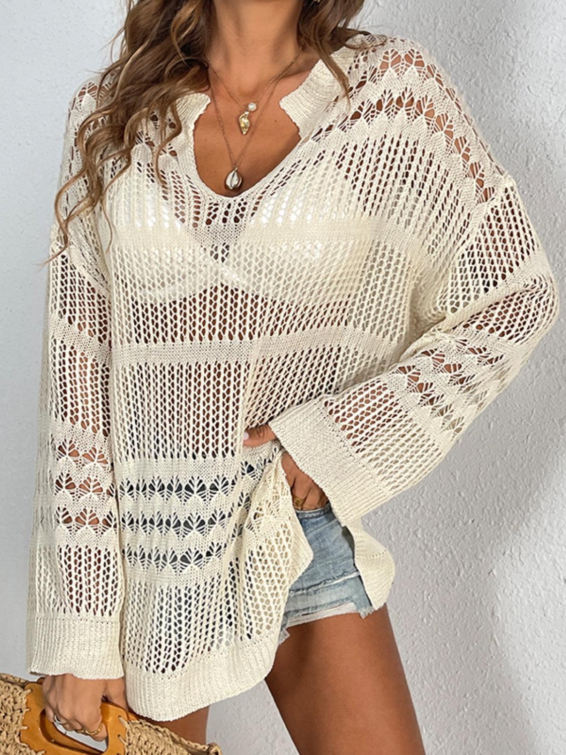 Cutout Notched Long Sleeve Cover Up Tan