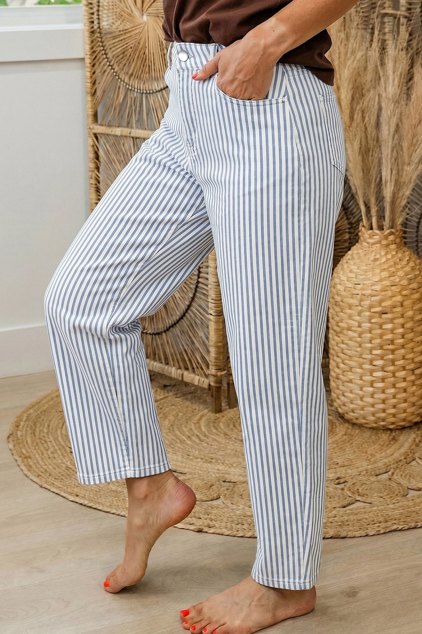 Stripe Denim High Waist Barrel Leg Jeans