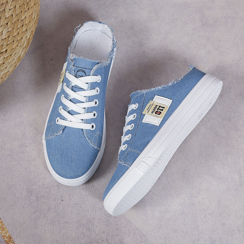 Frayed Hem Lace Up Canvas Sneakers Light Blue