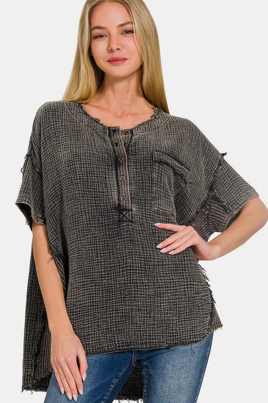 Zenana Washed Texture Half Button T-Shirt Ash Black