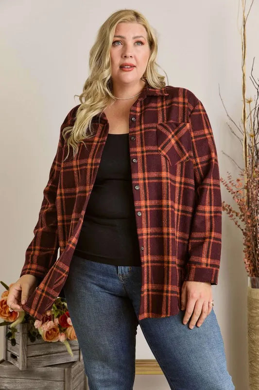 ADORA Full Size Button Down Flannel Shirt Plus Size