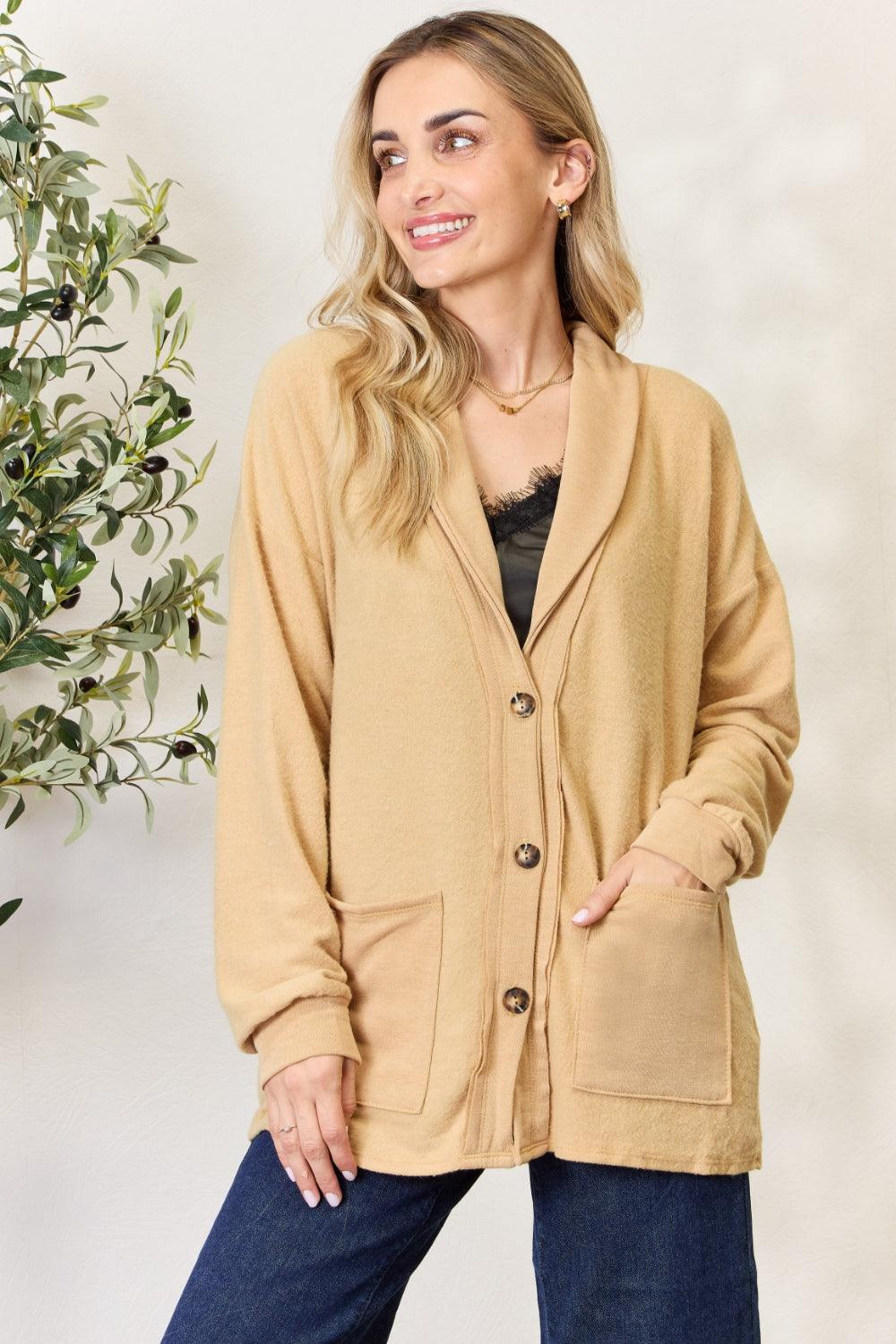 Heimish Full Size Button Up Long Sleeve Cardigan Gold