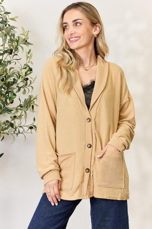 Heimish Full Size Button Up Long Sleeve Cardigan Gold