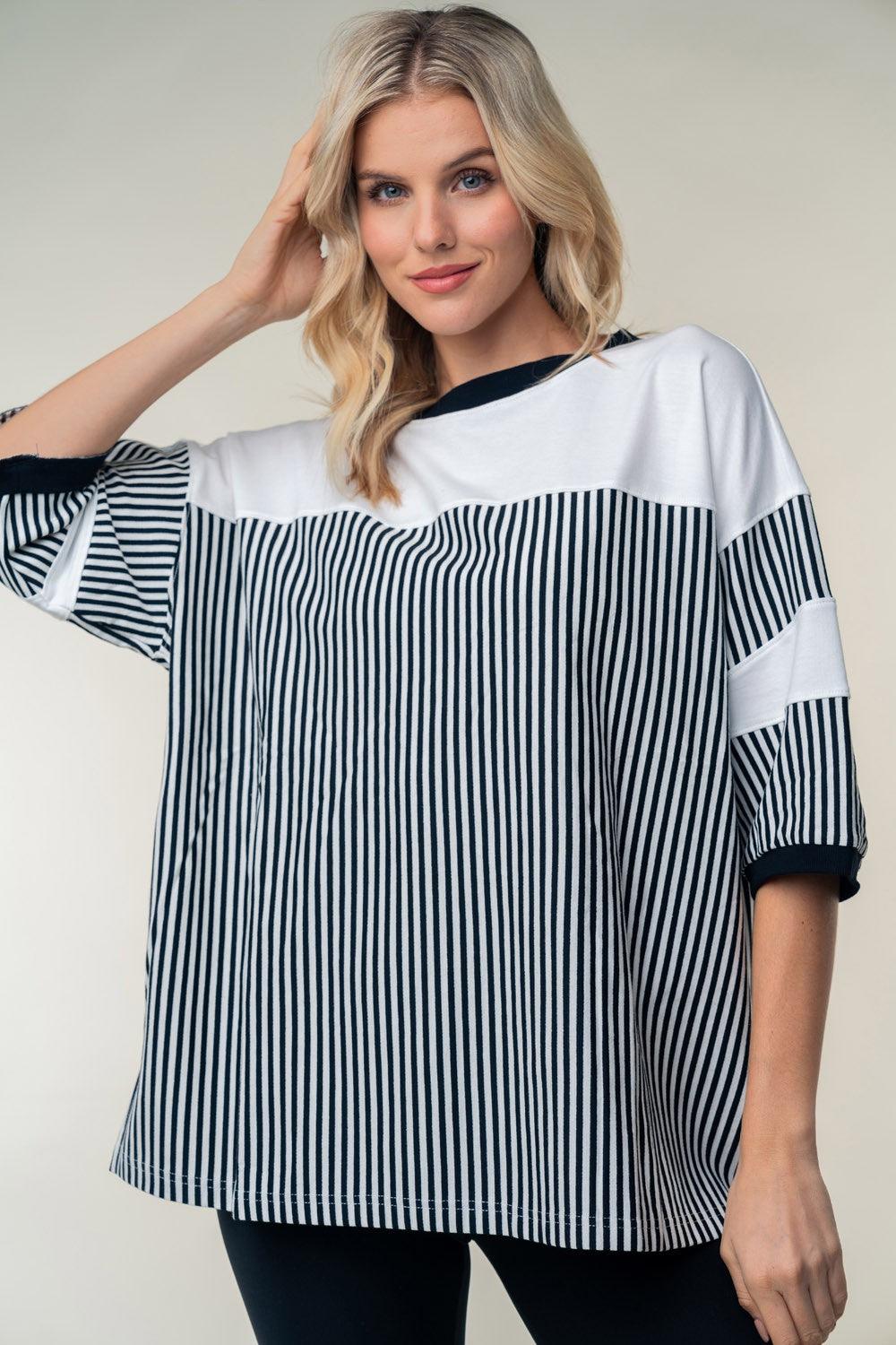 White Birch Full Size Striped Contrast Round Neck Top Black