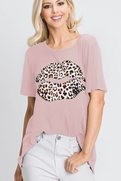 Heimish Full Size Leopard Lip Round Neck Short Sleeve T-Shirt Plus Size Dusty Pink