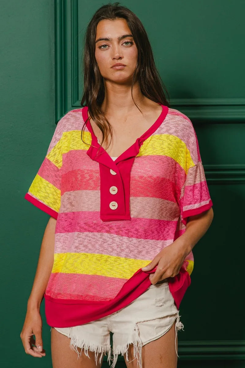 BiBi Multi Color Stripe Hacci Button Detail Ringer Top