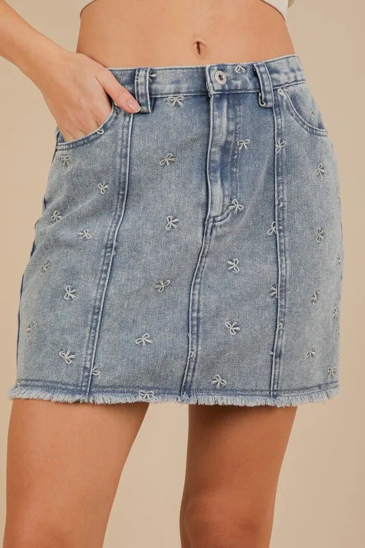 VERY J Bow Printed Casual Denim Mini Skirt Indigo