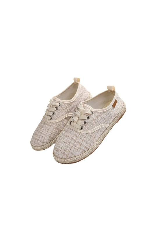 Lace Up Round Toe Flats Tweed Sneakers Eggshell