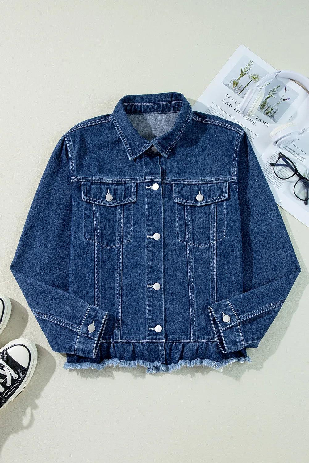 Raw Hem Long Sleeve Denim Jacket Medium