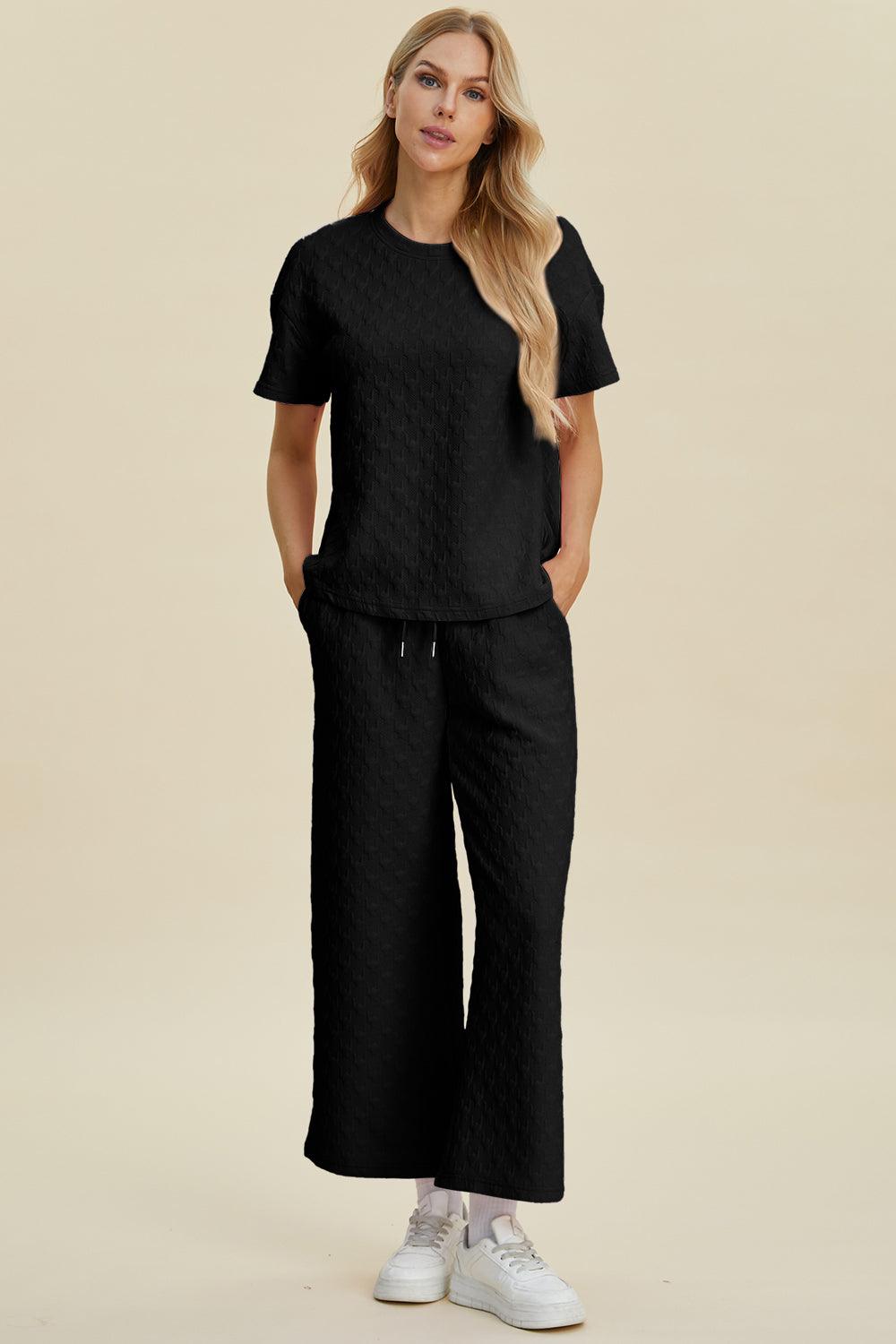 Double Take Full Size Texture Round Neck Short Sleeve Top and Pants Set Black