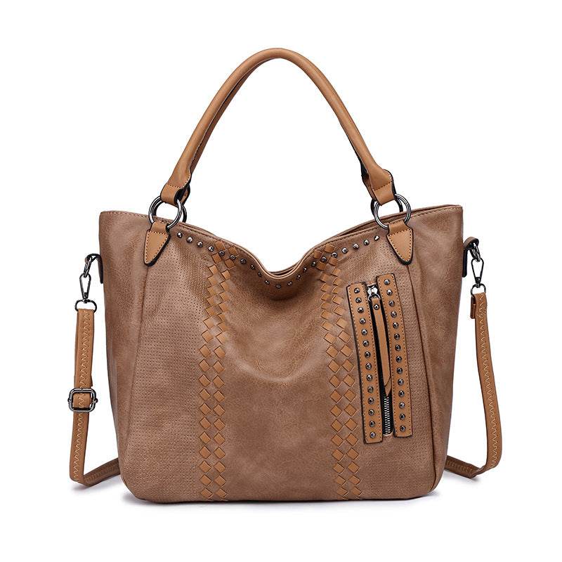 Ladies Trend One Shoulder Crossbody Tote Bag - PU Large Rivet Horizontal Square Bag