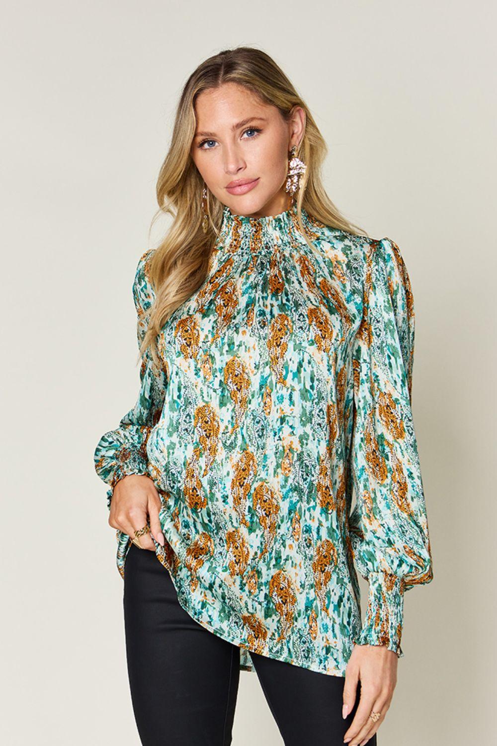 Double Take Full Size Printed Smocked Long Sleeve Blouse Green