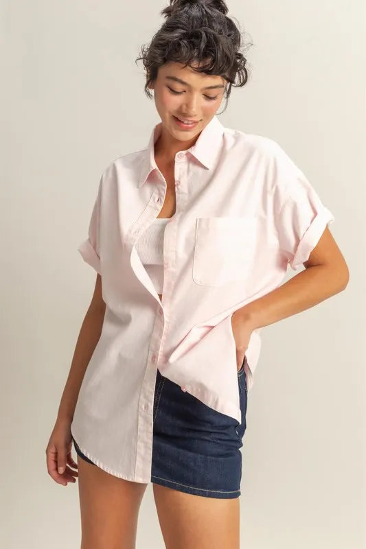 HYFVE Short Sleeve Button Down Oversized Shirt SOFT PINK