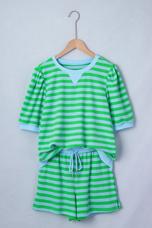 Stripe Puff Sleeve T-Shirt & Drawstring Shorts Set