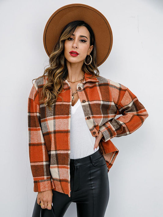 Shiny Plaid Button Up Collared Neck Jacket Orange