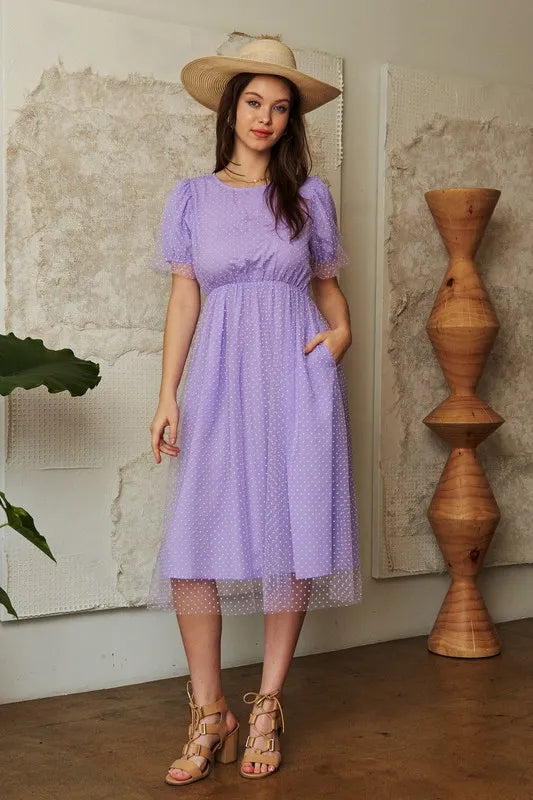 Davi & Dani Mesh Puff Short Sleeve Midi Dress