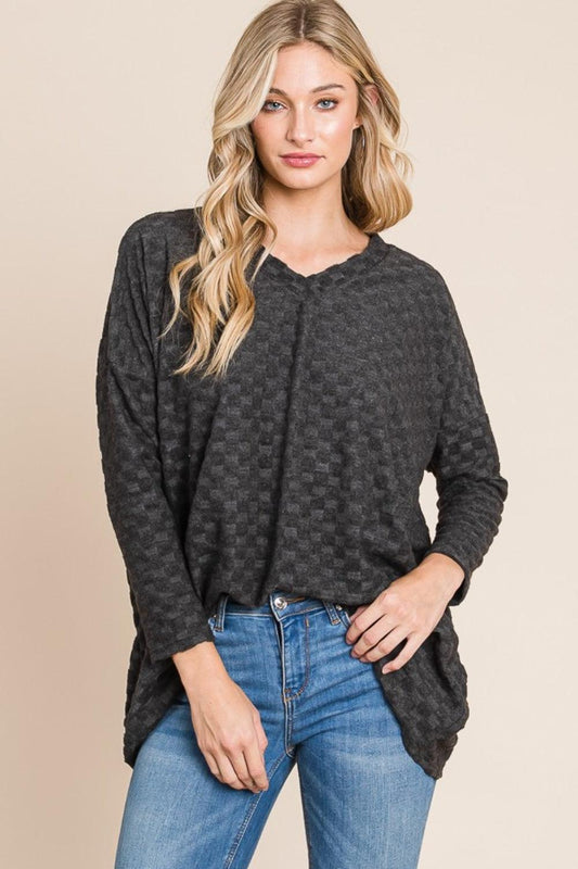 BOMBOM Checkered Long Sleeve V-Neck T-Shirt Charcoal
