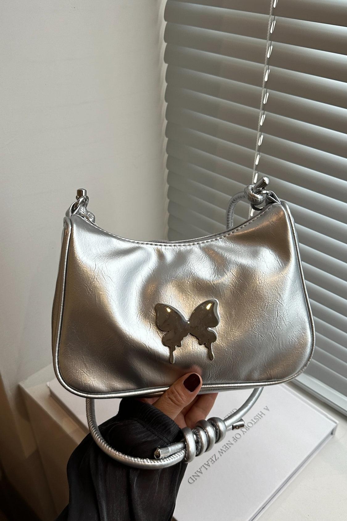 Butterfly PU Leather Knotted Strap Shoulder Bag Silver One Size