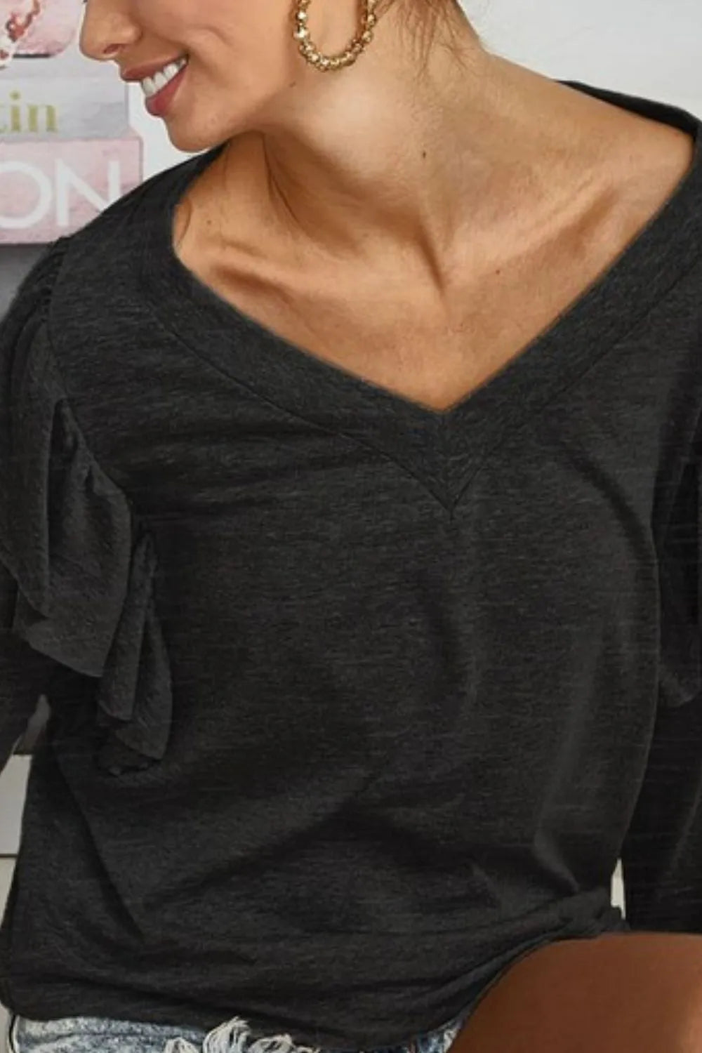 BiBi Triblend V Neck Top with Shoulder Shrring Detail