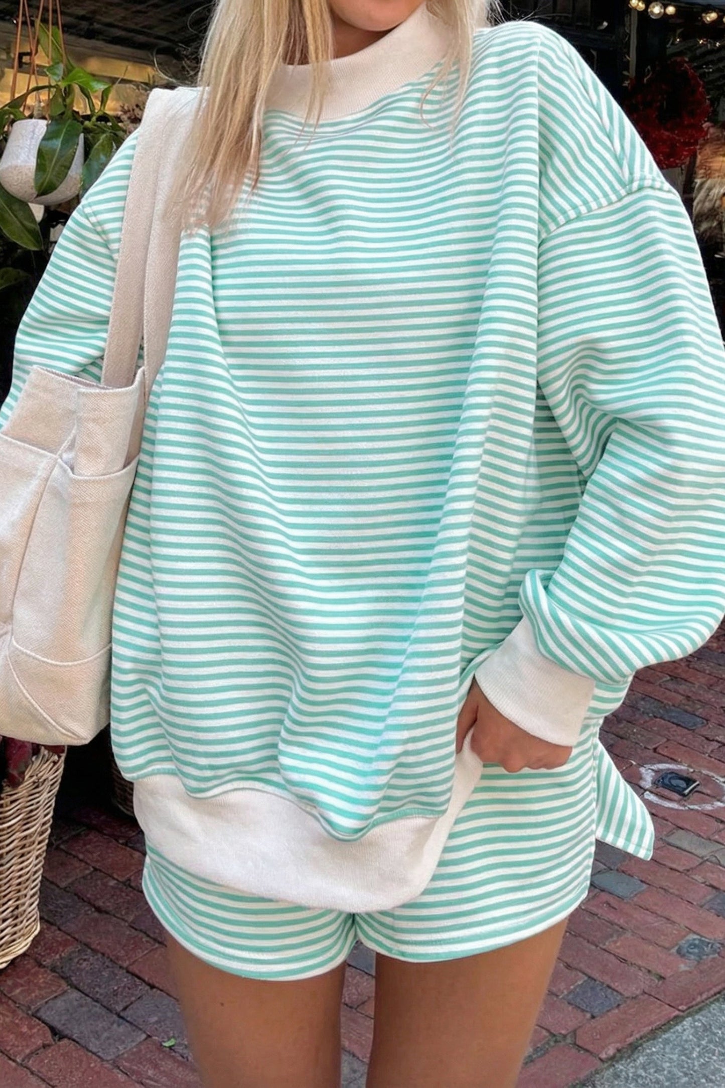 Stripe Oversized Mock Neck Sweatshirt & Shorts Set