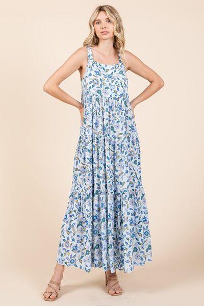 Mittoshop Flower Print Tiered Sleeveless Empire Maxi Dress Sky Blue