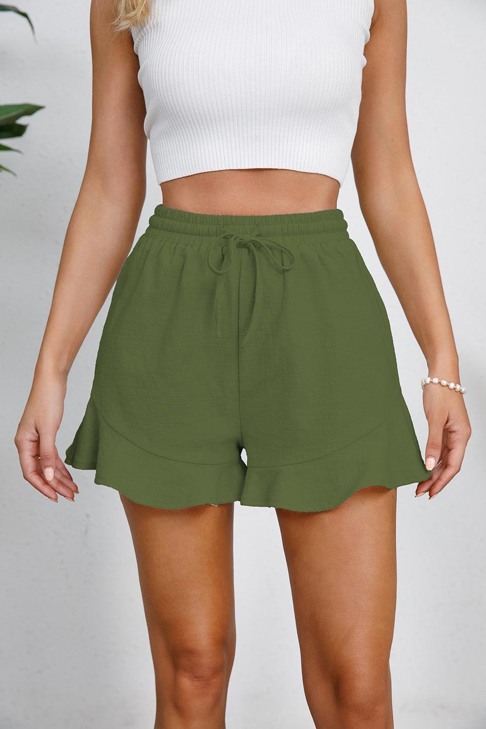 Full Size Drawstring Ruffle Hem Shorts Green