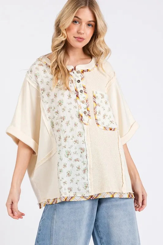SAGE+FIG Half Button Floral Patchwork Top CREAM