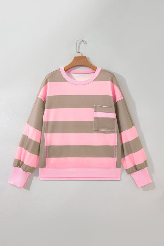 Stripe Colorblock Patch Pocket Long Sleeve Oversized Sweatshirt