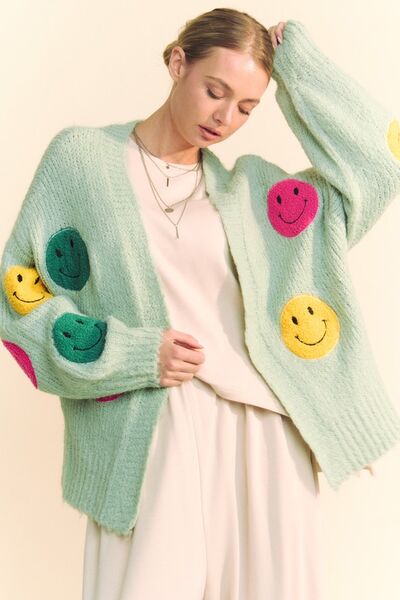 Davi & Dani Fuzzy Smile Open Front Long Sleeve Cardigan Sage