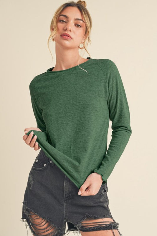 Aemi + Co Lettuce Hemline Round Neck Raglan Sleeve T-Shirt Dark Green