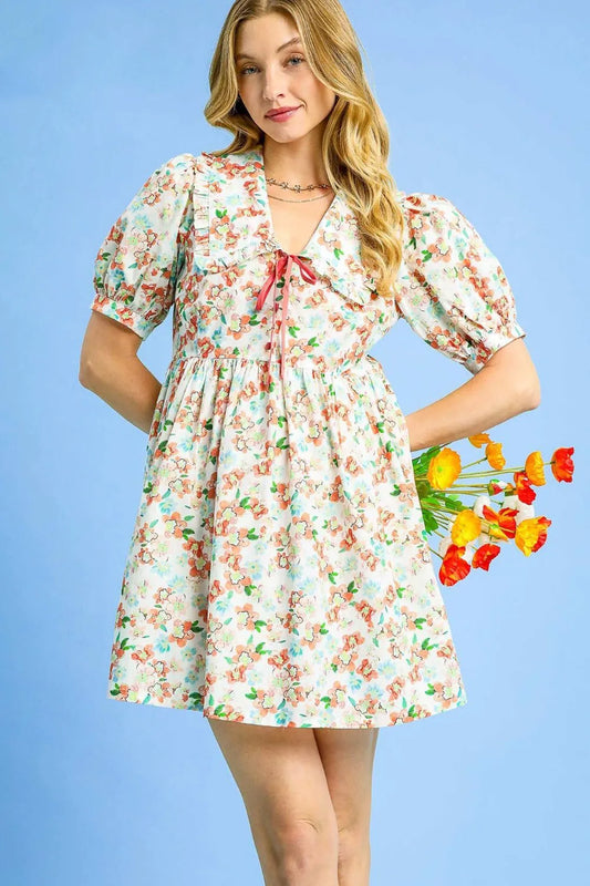 Umgee Floral Print Puff Sleeve Tie Front Mini Dress Orange