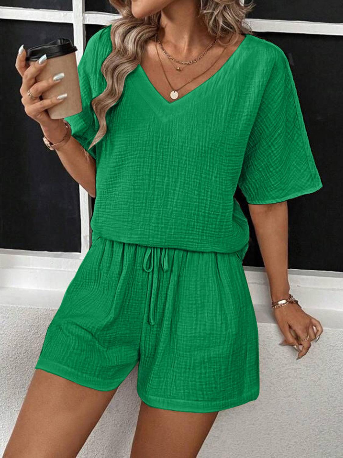 V-Neck Half Sleeve Top and Shorts Set Mid Green