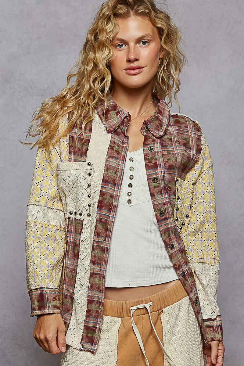 POL Studded Contrast Plaid Long Sleeve Shirt Dark Brown