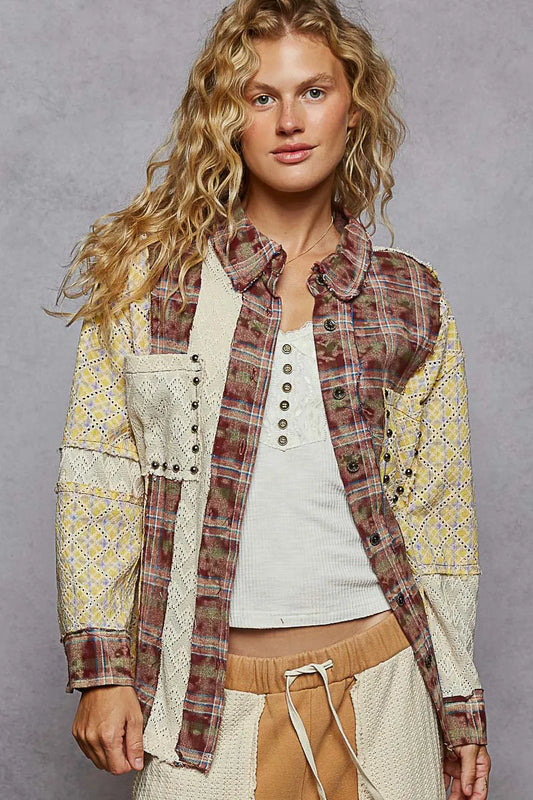 POL Studded Contrast Plaid Long Sleeve Shirt Dark Brown