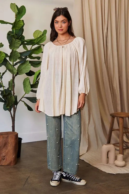 Davi & Dani Crinckled Texture Fabric Round Neck Swing Top