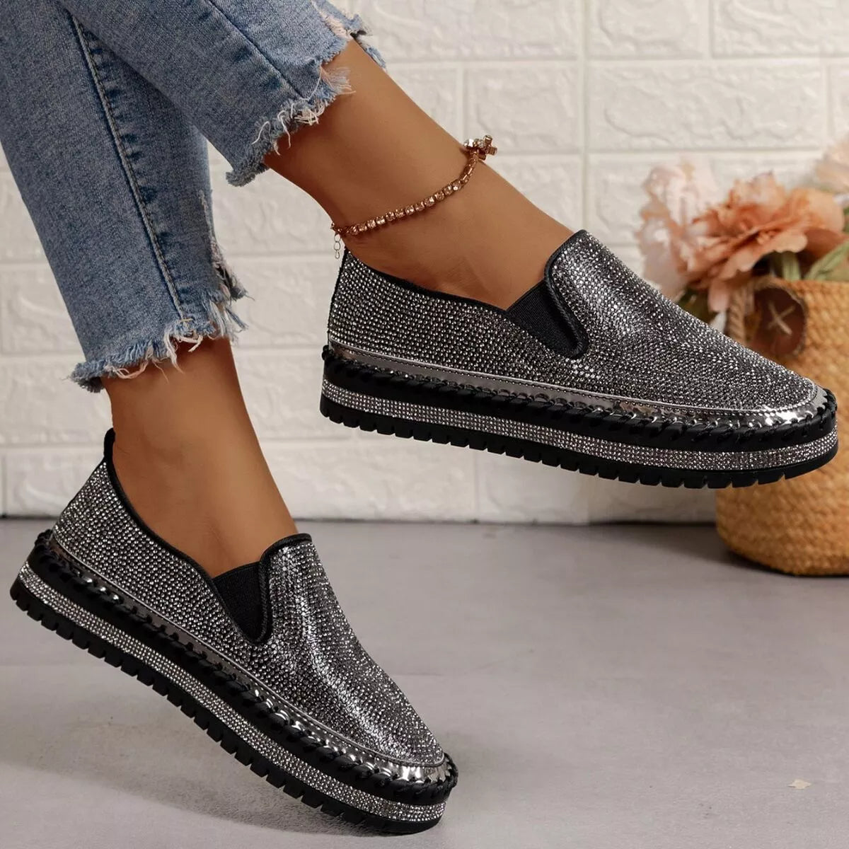 Rhinestone Round Toe Platform Loafers