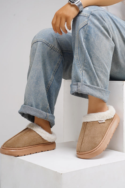 Furry Round Toe Platform Slippers Camel